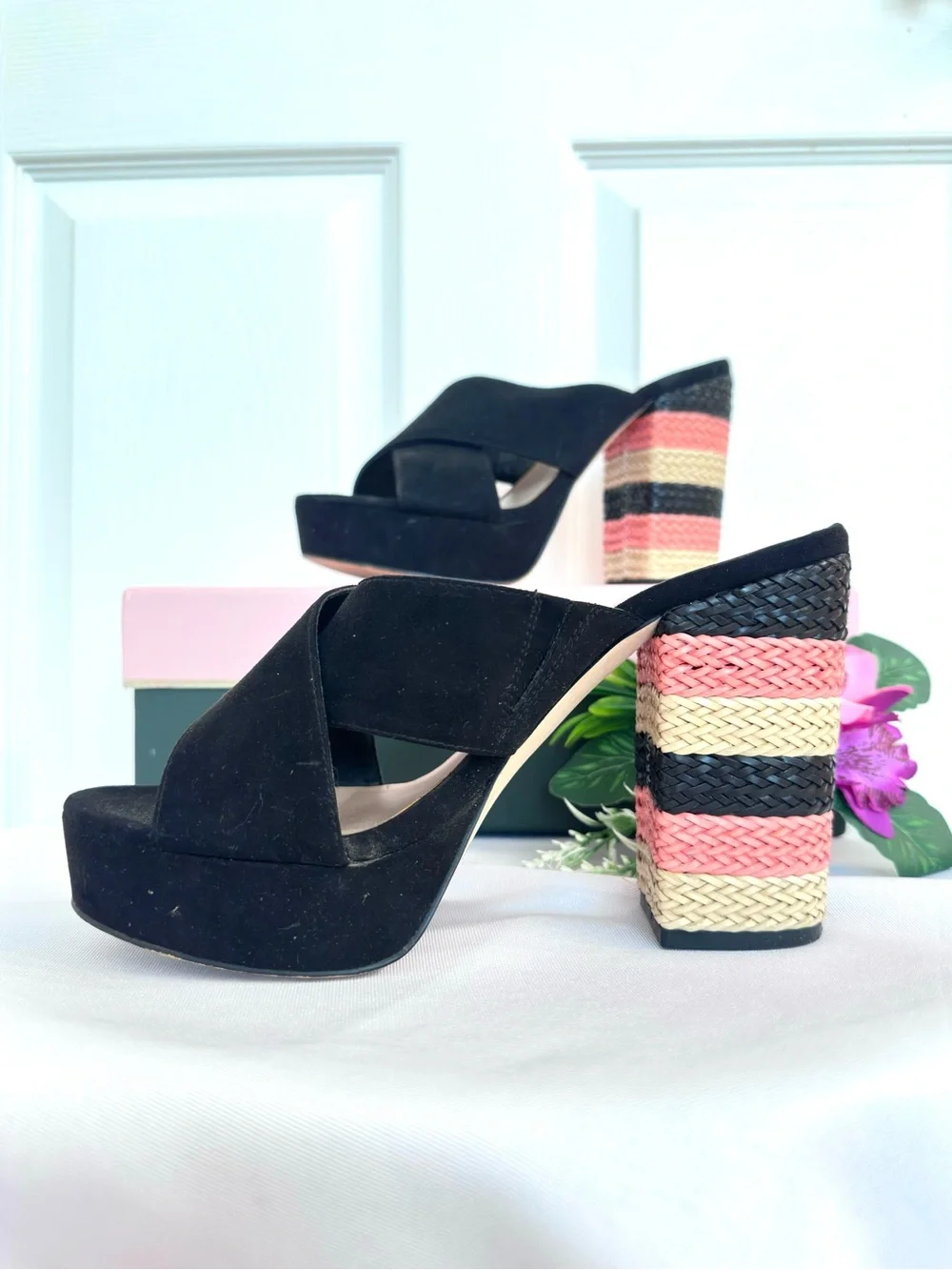 MIX No. 6 ~ Black Suede Platform Mules with Striped Woven Block Heel